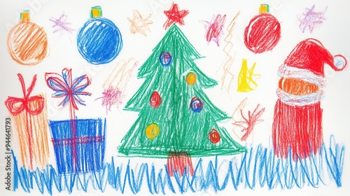 A colorful holiday drawing featuring a cheerful Santa Claus, a decorated Christmas tree, and festive gifts during winter celebrations photo