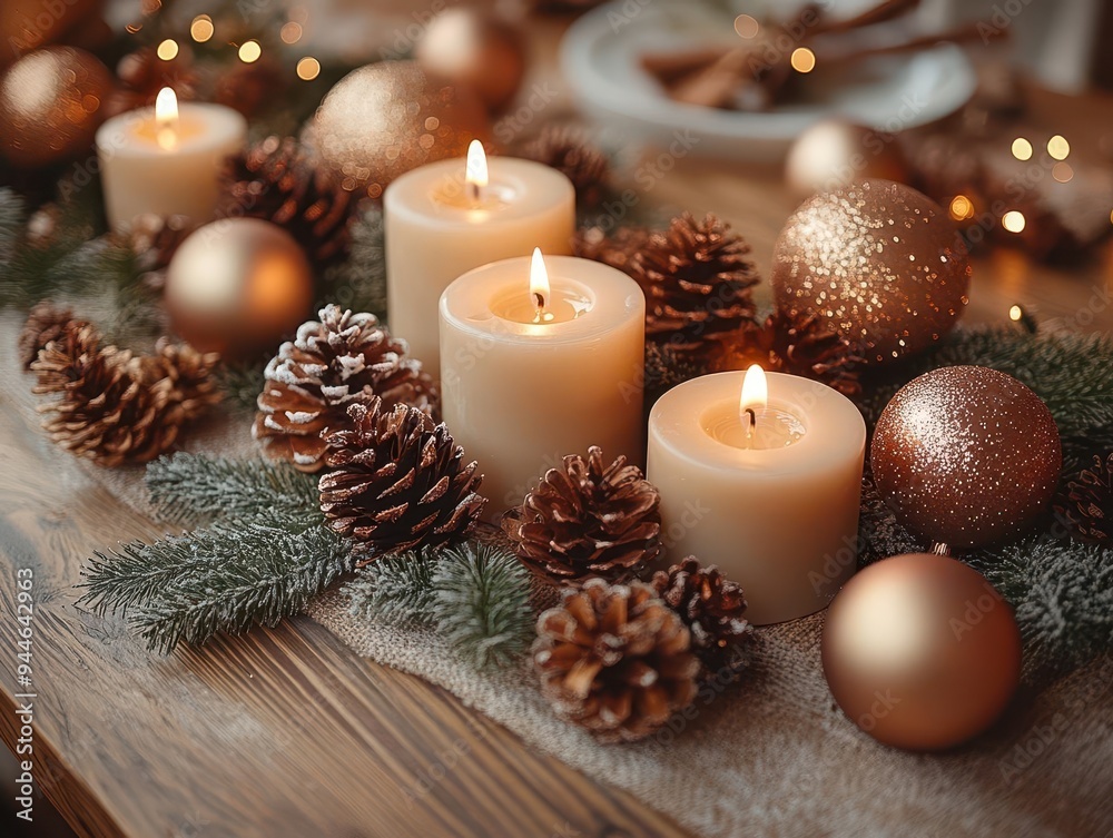 rustic wooden table with christmas decorations festive arrangement of baubles candles and twinkling lights cozy holiday atmosphere with warm glow and natural textures