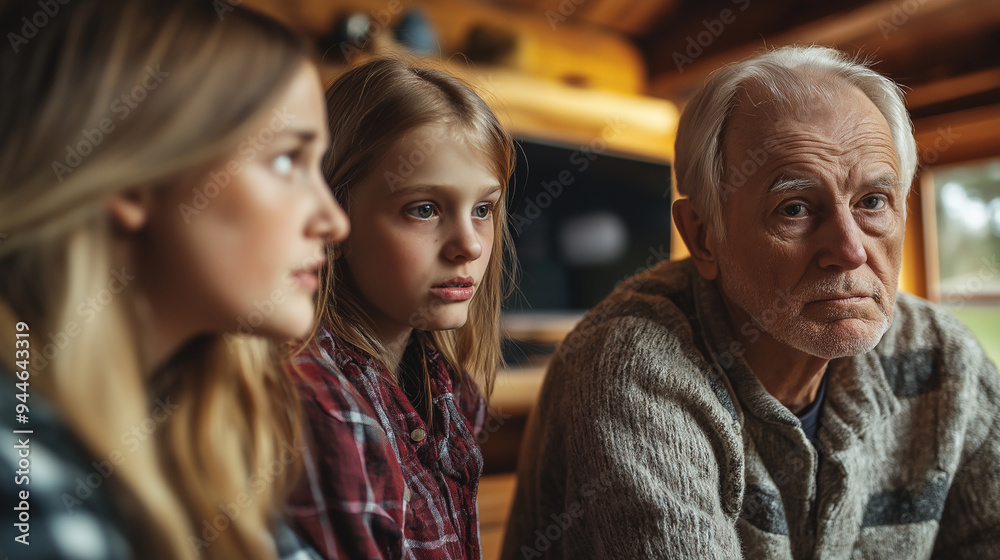 Worried family watching tv news sitting on sofa at home