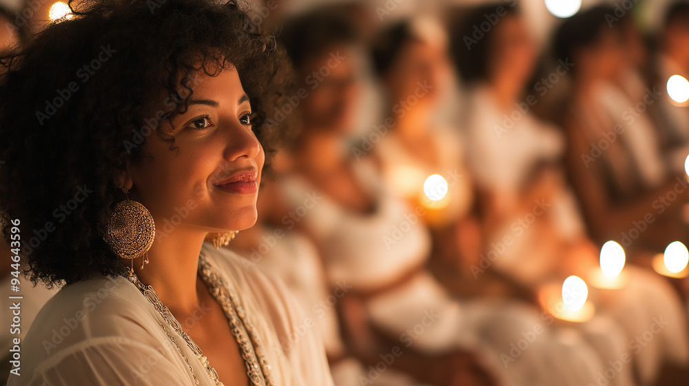 Young woman holding candle attending spiritual gathering Young woman holding candle attending spiritual gathering