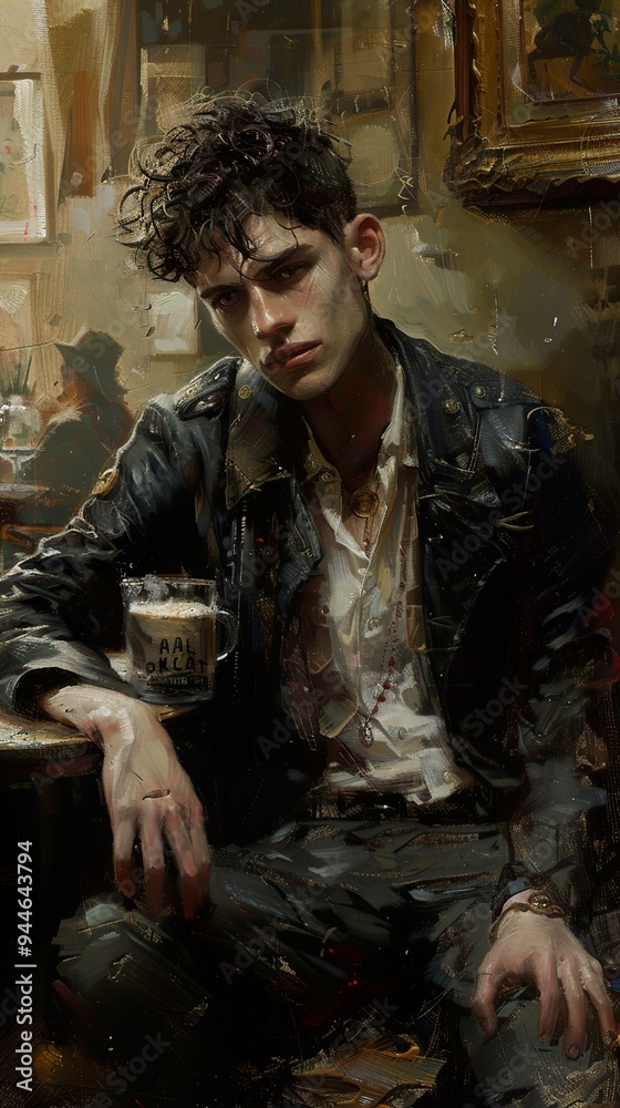Fototapeta premium Portrait of a Man in a Leather Jacket Sitting at a Table