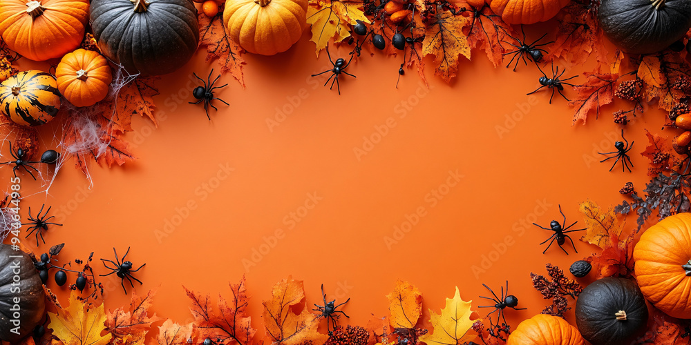 Fototapeta premium Halloween decorations on orange background, top view flatlay mockup with pumpkins, spiders and cobweb.