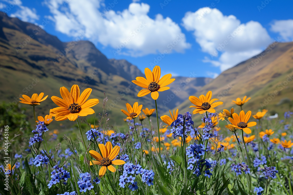 Fototapeta premium Vibrant yellow flowers blooming in mountain meadow landscape
