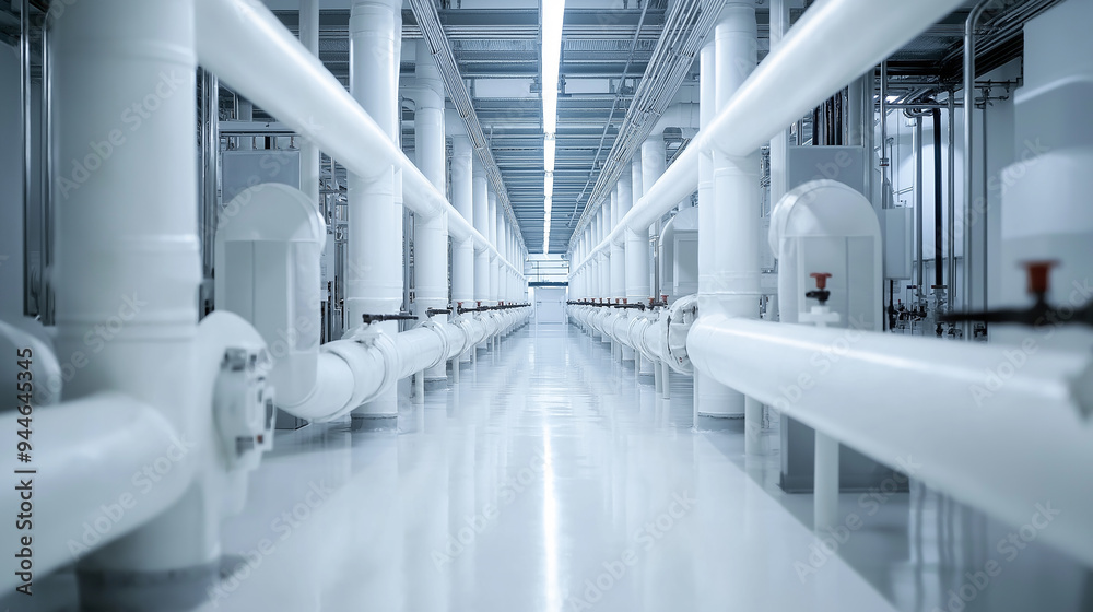 Obraz premium Rows of pipes running along corridor in industrial building