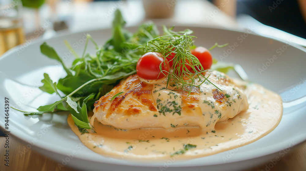 Grilled chicken breast being served on white plate with creamy sauce and greens Grilled chicken breast being served on white plate with creamy sauce and greens