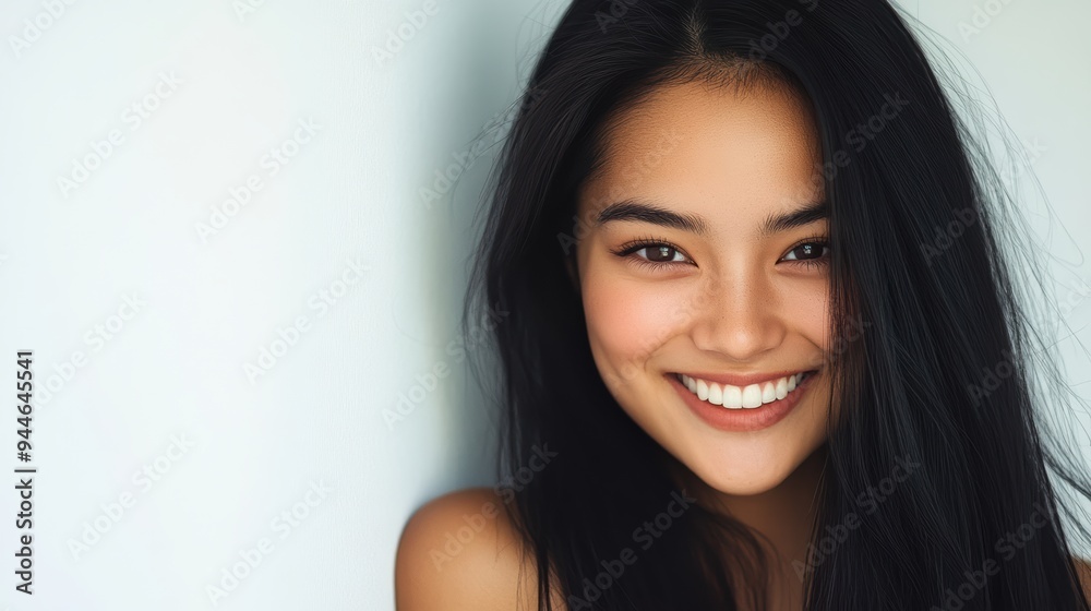 Beautiful woman with long black hair poses against a white wall backdrop, ideal for commercial use or banner ads. The clean background accentuates her striking features. Beautiful woman with long black hair poses against a white wall backdrop, ideal for commercial use or banner ads. The clean background accentuates her striking features.