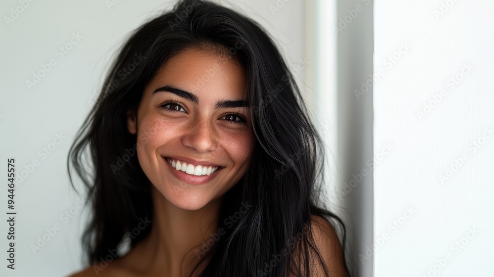 Beautiful woman with long black hair poses against a white wall backdrop, ideal for commercial use or banner ads. The clean background accentuates her striking features. Beautiful woman with long black hair poses against a white wall backdrop, ideal for commercial use or banner ads. The clean background accentuates her striking features.