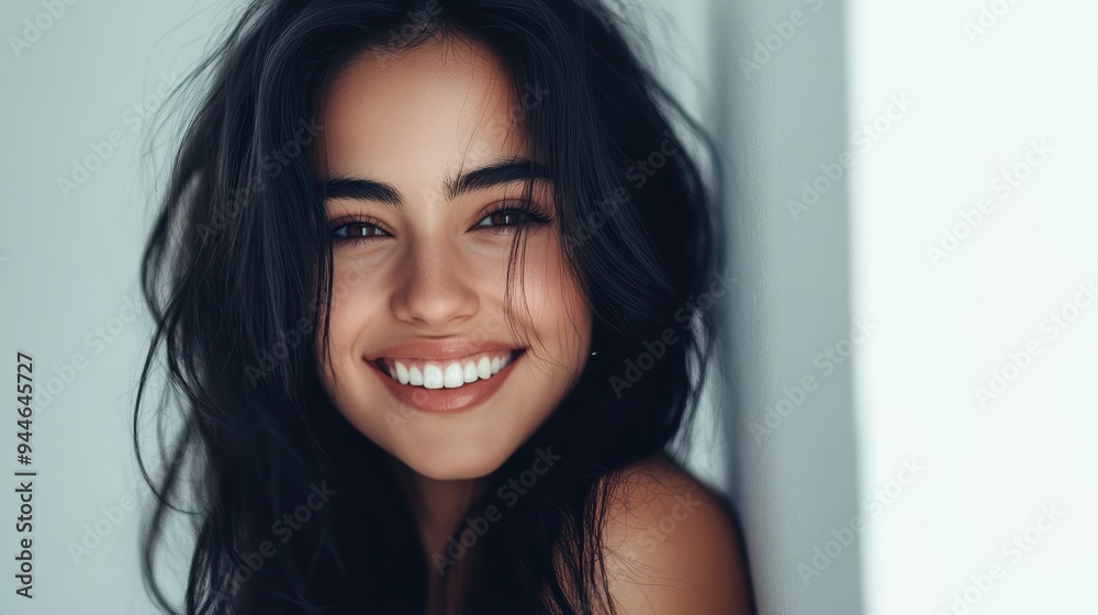 Beautiful woman with long black hair poses against a white wall backdrop, ideal for commercial use or banner ads. The clean background accentuates her striking features. Beautiful woman with long black hair poses against a white wall backdrop, ideal for commercial use or banner ads. The clean background accentuates her striking features.