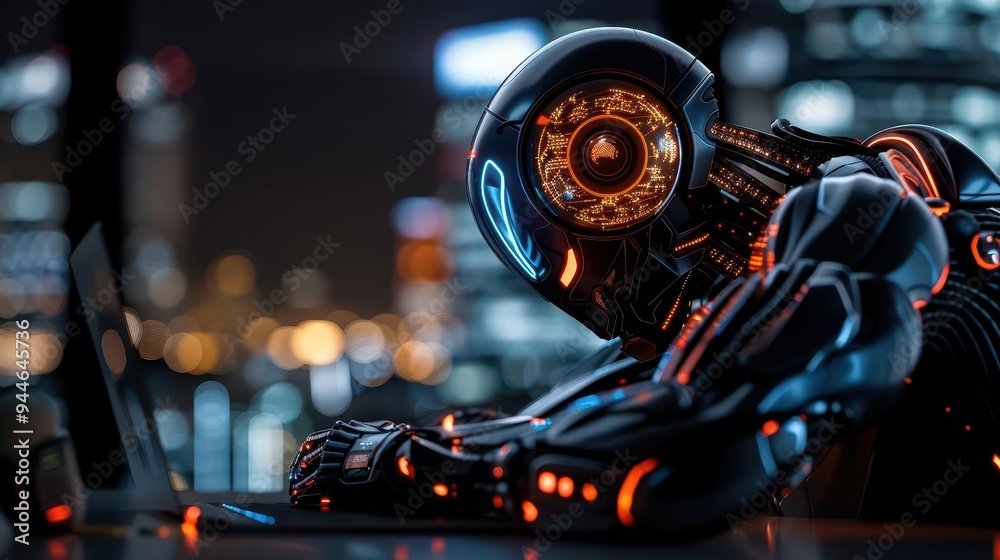Fototapeta premium Photo-realistic artificial intelligence robot analyzing data in a futuristic office, intricate details, hyper-realistic textures, high resolution