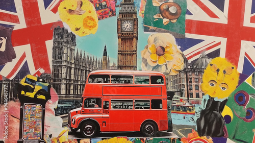 Red double decker bus driving through london collage photo