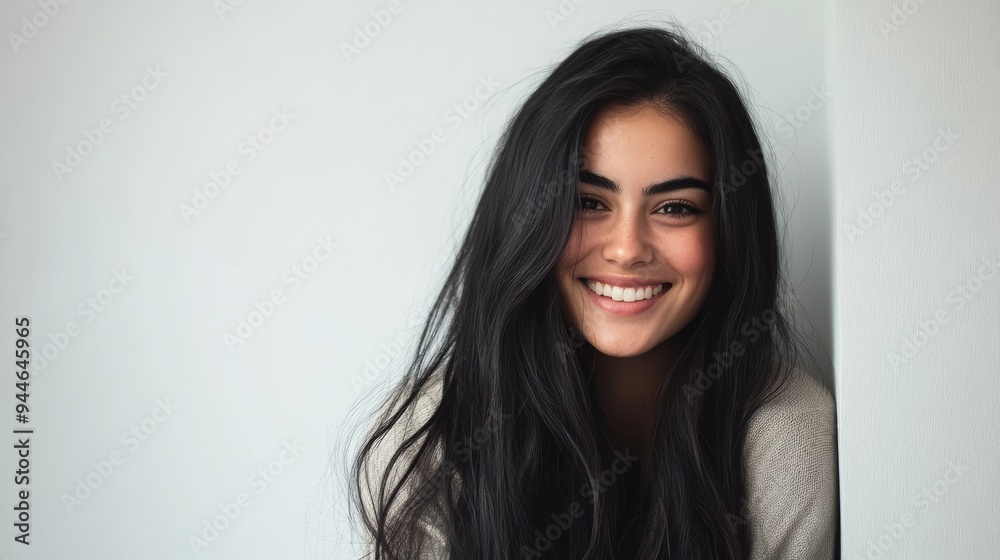 Beautiful woman with long black hair poses against a white wall backdrop, ideal for commercial use or banner ads. The clean background accentuates her striking features. Beautiful woman with long black hair poses against a white wall backdrop, ideal for commercial use or banner ads. The clean background accentuates her striking features.