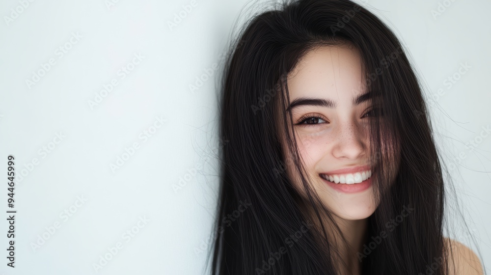 Beautiful woman with long black hair poses against a white wall backdrop, ideal for commercial use or banner ads. The clean background accentuates her striking features. Beautiful woman with long black hair poses against a white wall backdrop, ideal for commercial use or banner ads. The clean background accentuates her striking features.