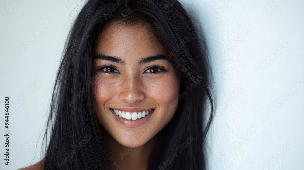 Beautiful woman with long black hair poses against a white wall backdrop, ideal for commercial use or banner ads. The clean background accentuates her striking features. Beautiful woman with long black hair poses against a white wall backdrop, ideal for commercial use or banner ads. The clean background accentuates her striking features.