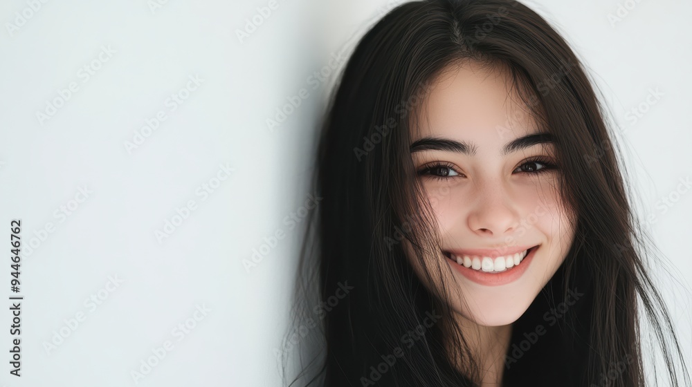 Beautiful woman with long black hair poses against a white wall backdrop, ideal for commercial use or banner ads. The clean background accentuates her striking features. Beautiful woman with long black hair poses against a white wall backdrop, ideal for commercial use or banner ads. The clean background accentuates her striking features.