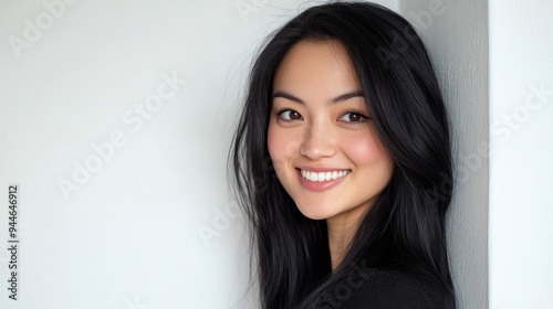 Beautiful woman with long black hair poses against a white wall backdrop, ideal for commercial use or banner ads. The clean background accentuates her striking features.