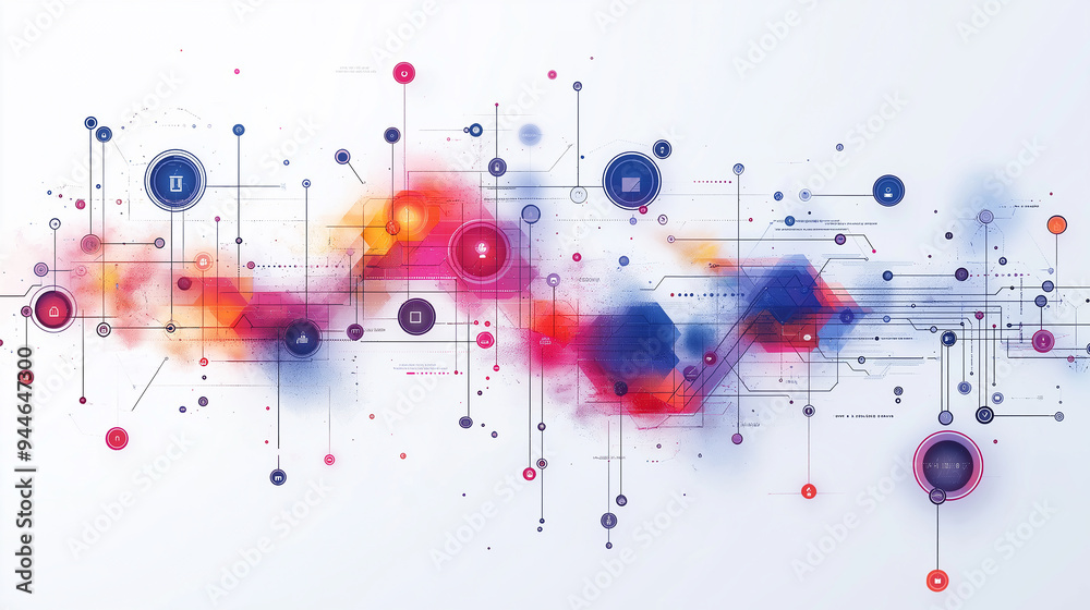 Complex network connecting data points with lines and colorful blobs Complex network connecting data points with lines and colorful blobs