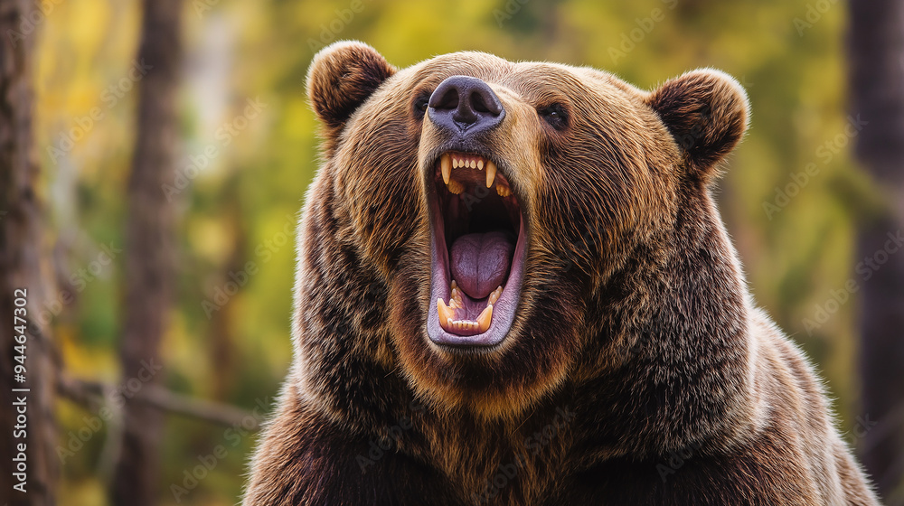 Large brown bear roaring in the forest showing teeth Large brown bear roaring in the forest showing teeth