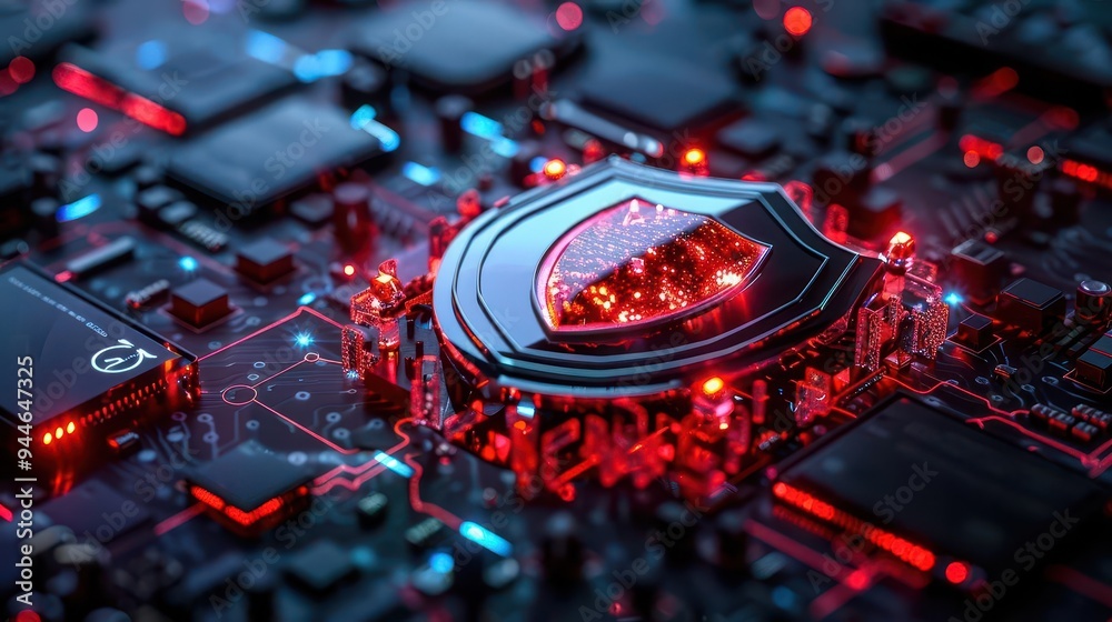 Fototapeta premium Photo-realistic cybersecurity shield protecting digital data, complex network, high-resolution details, vibrant colors