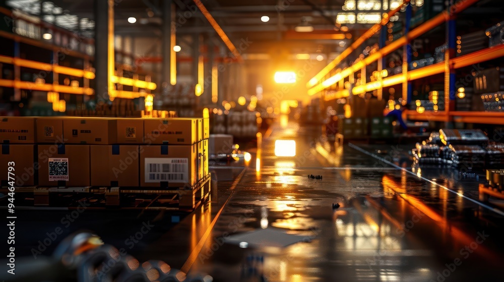 Obraz premium Photo-realistic e-commerce warehouse, workers packaging products, intricate details, lifelike graphics, hyper-detailed textures