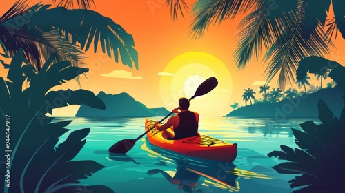 Clip art poster of a person kayaking in tropical hot summer