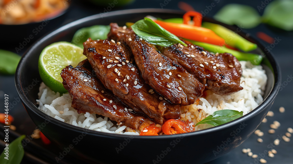 Steaming bowl of rice topped with slices of grilled teriyaki beef, sesame seeds and vegetables Steaming bowl of rice topped with slices of grilled teriyaki beef, sesame seeds and vegetables