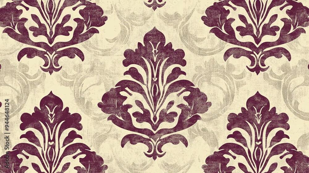 Elegant purple damask pattern on a textured cream background.