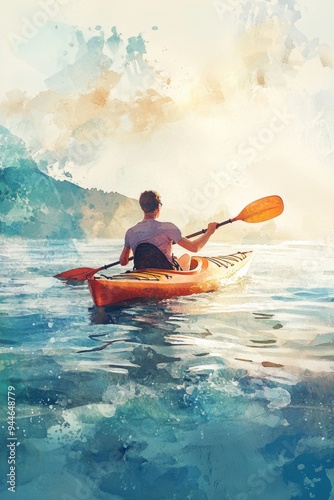 Watercolor painting of a man kayaking in water