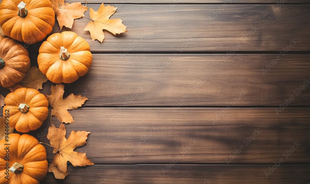 pumpkins and leaves on wooden background-generative ai