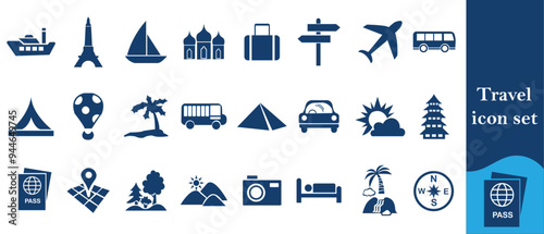  Travel icon set,Summer journey emoji set. Yellow suitcase, camera with photo, pin location, earth planet and paper airplane. Cartoon design icons isolated on white background. 