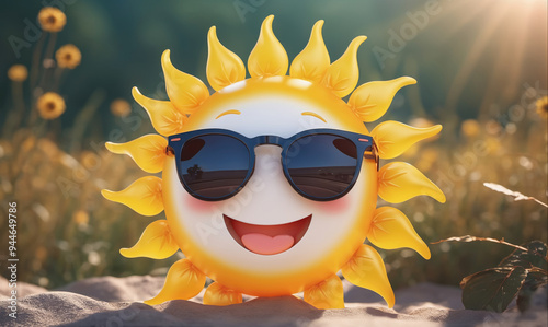 A smiling sun wearing sunglasses sits in the sand on a sunny day