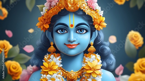 Hindu God Krishna with Flowers.