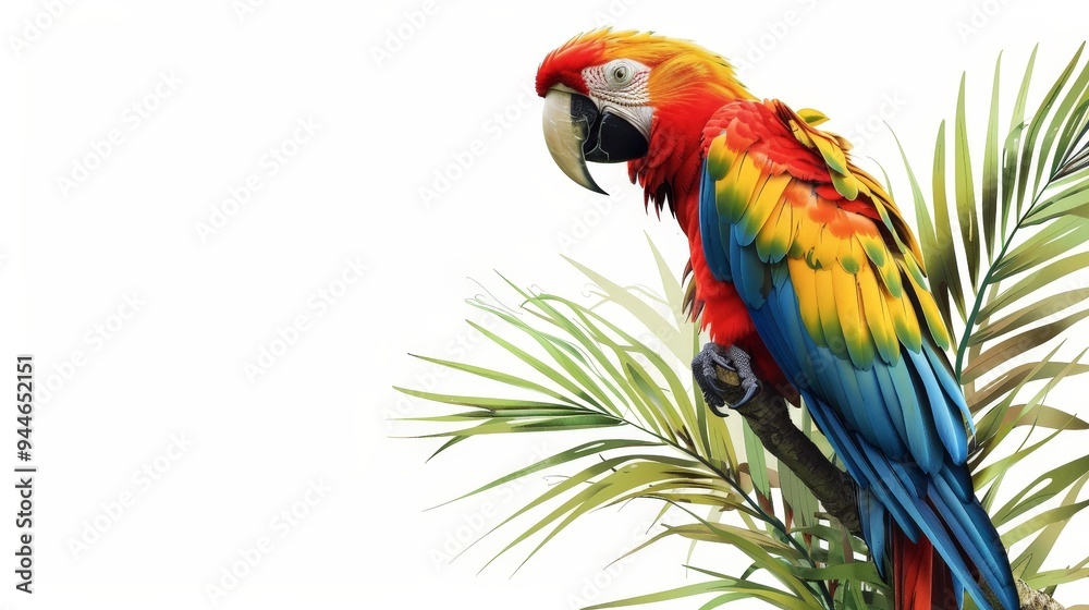 Fototapeta premium Colorful Macaw Parrot Perched on a Branch with Tropical Leaves Isolated on White Background.