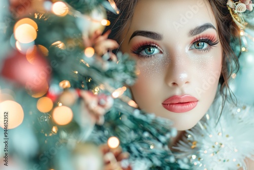 Beautiful woman with bright winter makeup and New Year decorations