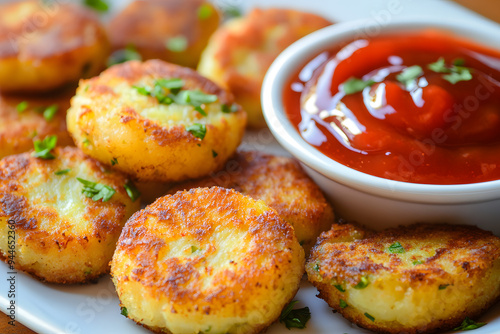 Golden, crispy Aloo Tikki on a plate, served with tangy ketchup and garnished with fresh coriander for a vibrant, appetizing snack. photo