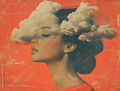 surreal portrait of woman with cloud head retroinspired collage faceless figure against pastel pink backdrop dreamy atmosphere soft textures vintage aesthetics photo