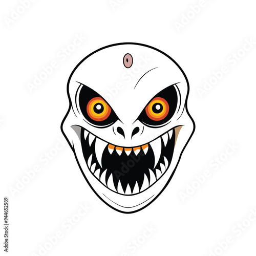 Create a fierce and detailed vector illustration of a terrifying monster head with sharp teeth, glowing orange eyes, and a menacing expression.