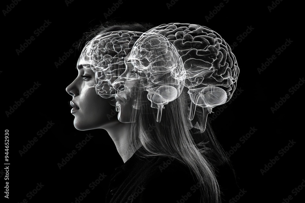 Obraz premium Profile of a Woman with a Transparent Brain Overlay Depicting Cognitive Awareness Intellectual Depth and the Complexity of Thought in a Monochromatic Style