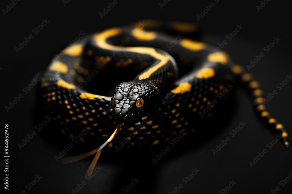 Naklejka premium Black and gold snake on a black background. Beautiful reptile, studio shot