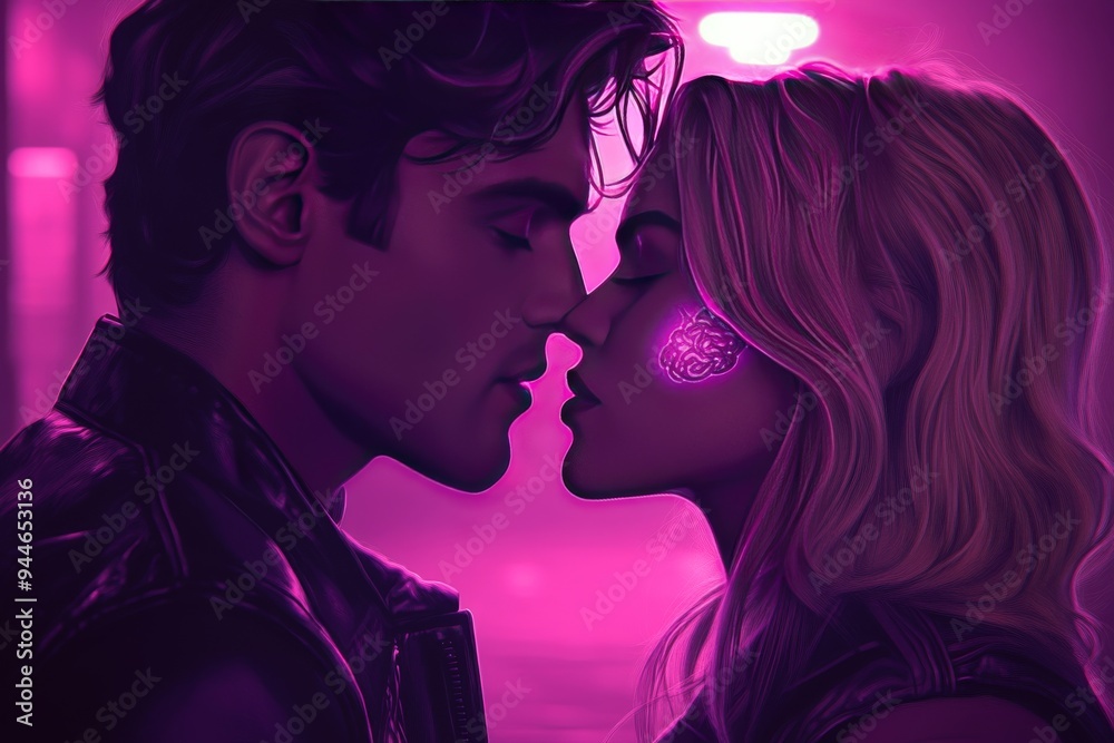 Couple Facing Each Other with Glowing Brain Illustrations Depicting Intellectual Connection Cognitive Interaction and the Power of Thought in a Neon Setting Couple Facing Each Other with Glowing Brain Illustrations Depicting Intellectual Connection Cognitive Interaction and the Power of Thought in a Neon Setting