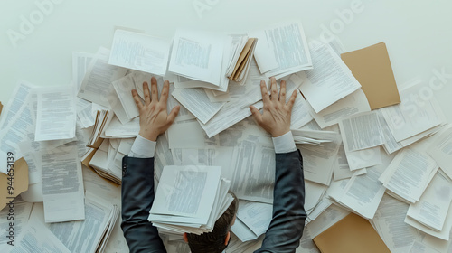 Overwhelmed businessman buried in paperwork, symbolizing stress and workload