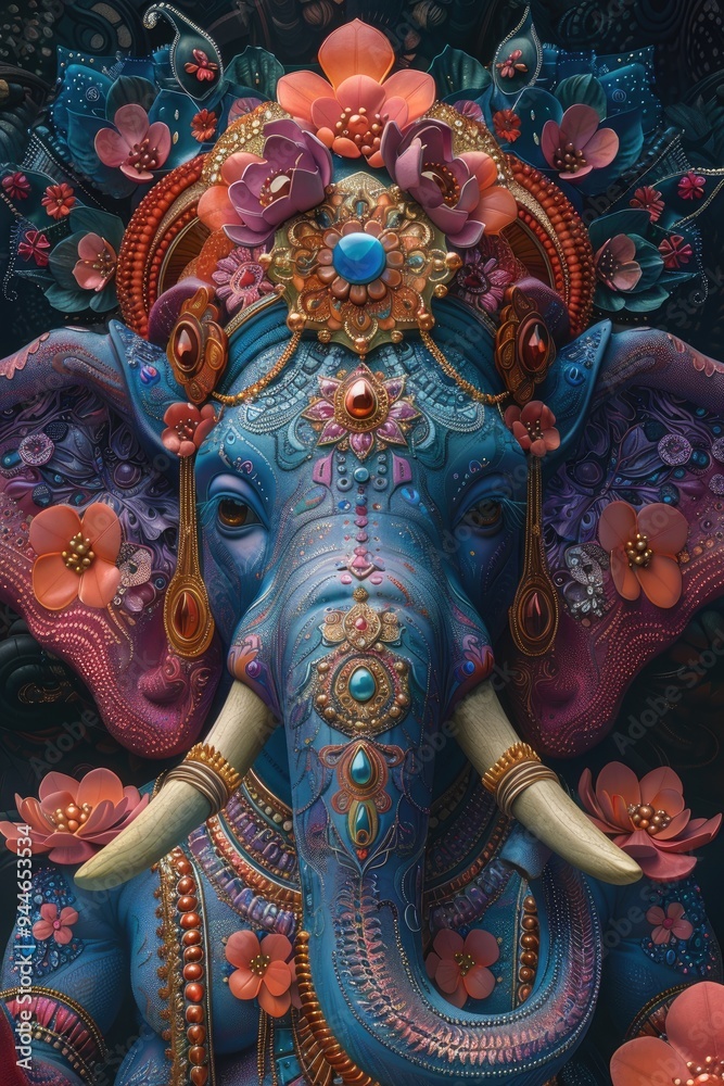 Fototapeta premium Ornate Blue Ganesha with Flowers
