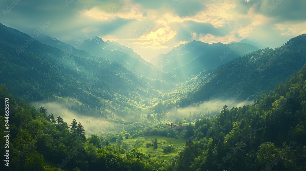 Fototapeta premium Misty Mountain Valley Landscape.