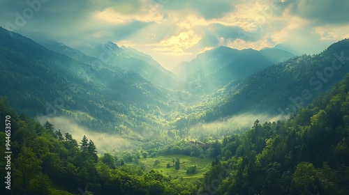 Misty Mountain Valley Landscape.