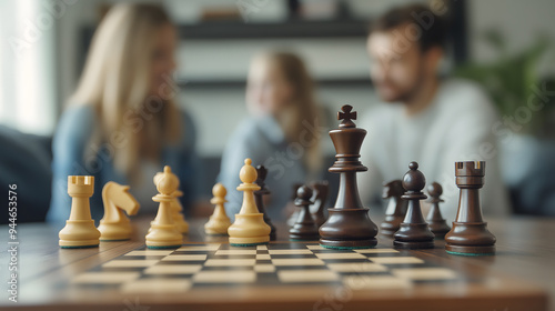 A close-up of a chessboard with a family blurred in the background, symbolizing strategic thinking and togetherness.