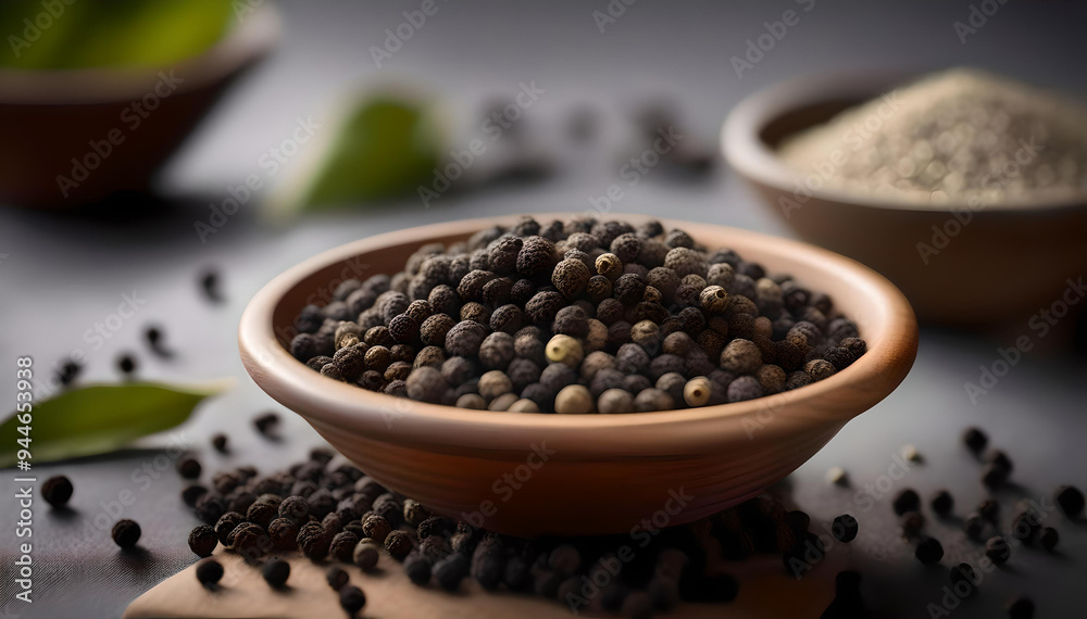 Black peppercorns in a bowl on a fancy kitchen table, alongside a large pile of finely ground black pepper, capturing the rich, earthy tones and vibrant, natural essence of this spice