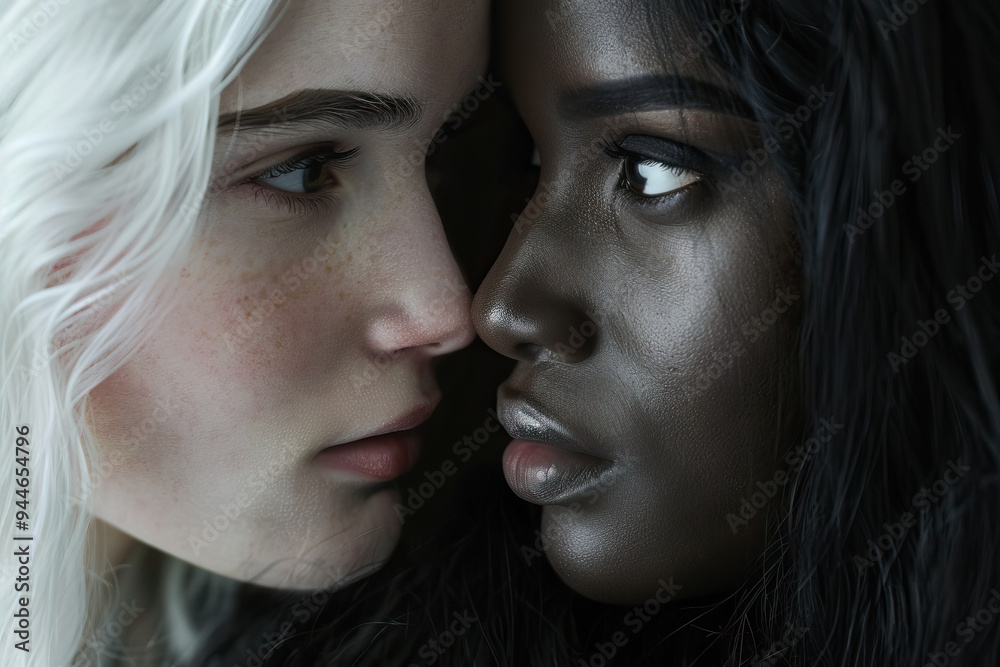 Intimate portrait of a Caucasian and African American woman gazing closely, evoking deep emotional connection. Intimate portrait of a Caucasian and African American woman gazing closely, evoking deep emotional connection.