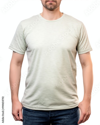 A man is standing in a t-shirt. Front view, Men t shirt mockup