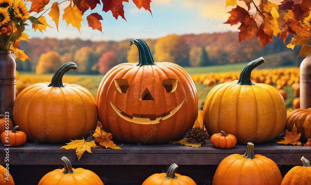 A carved pumpkin smiles cheerfully in a field of pumpkins on a crisp fall day A carved pumpkin smiles cheerfully in a field of pumpkins on a crisp fall day