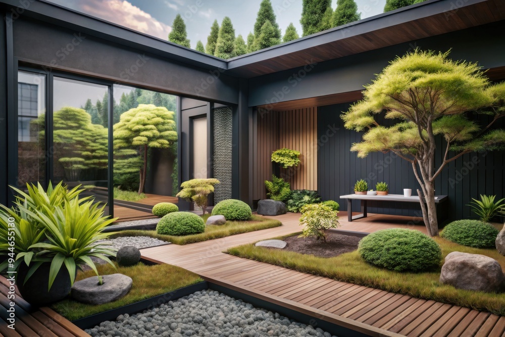 Naklejka premium A serene zen garden with lush greenery and wooden pathways creates a tranquil retreat in an urban landscape during late afternoon light. Generative AI