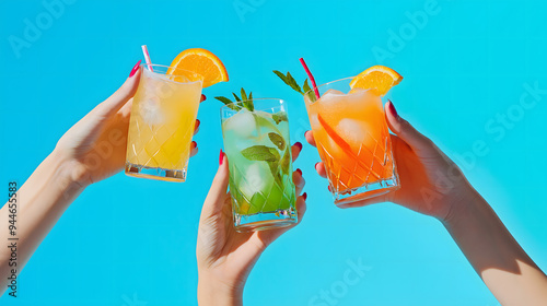 Three colorful mocktails raised against a bright blue sky